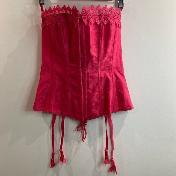FREDERICK’S OF HOLLYWOOD Sz 34 Fuchsia Pink Lace Brocade Boning Lace Up  Bustier - Picture 3 of 13